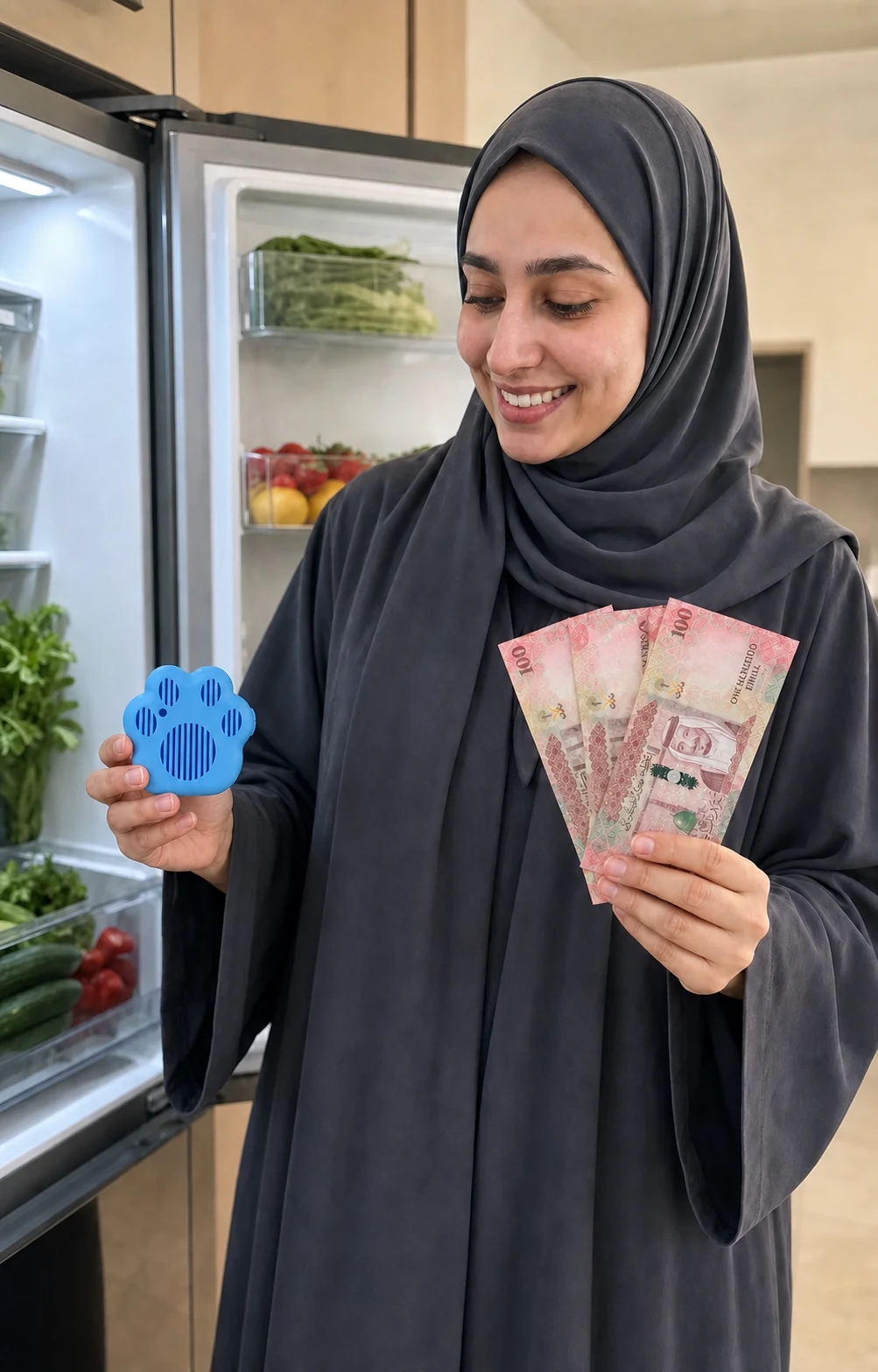 امرأة سعودية تمسك حافظة يبقى في يد وريالات سعودية في اليد الأخرى