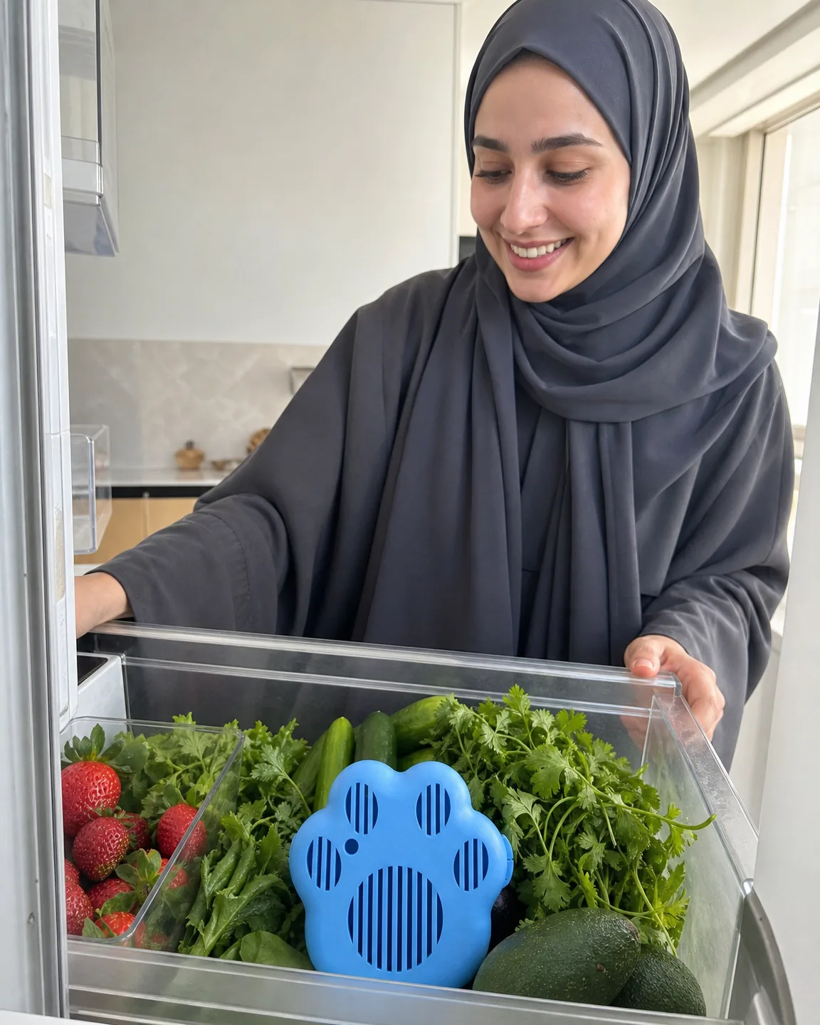 امرأة سعودية محجبة تفتح درج الخضار وتجد خيارات طازجة مع يبقى